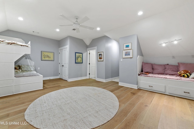 140 Seaside Dr, Ocean Springs, MS 39564 - bedroom featuring light wood finished floors, vaulted ceiling, baseboards, recessed lighting, and a ceiling fan