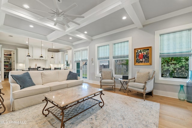 140 Seaside Dr, Ocean Springs, MS 39564 - living room featuring coffered ceiling, baseboards, light wood finished floors, a ceiling fan, and recessed lighting