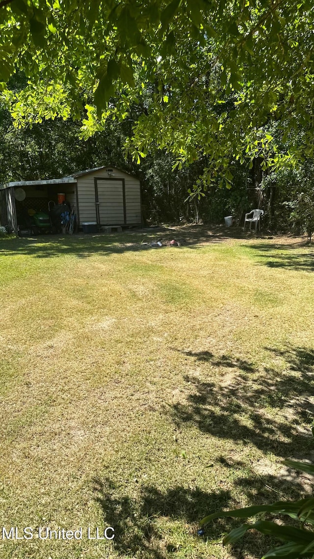 view of yard with a storage shed, an outbuilding, and a carport