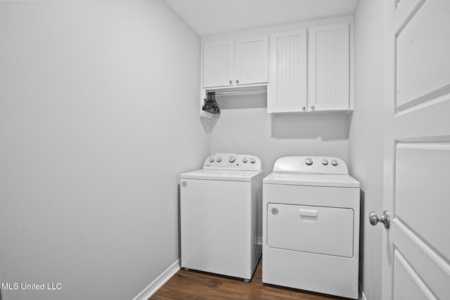12 Mercer Dr, Petal, MS 39465 - laundry room with cabinet space, washing machine and dryer, dark wood-style flooring, and baseboards