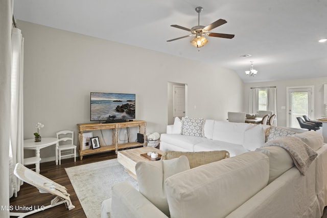 12 Mercer Dr, Petal, MS 39465 - living room featuring dark wood-style flooring, a ceiling fan, and a chandelier