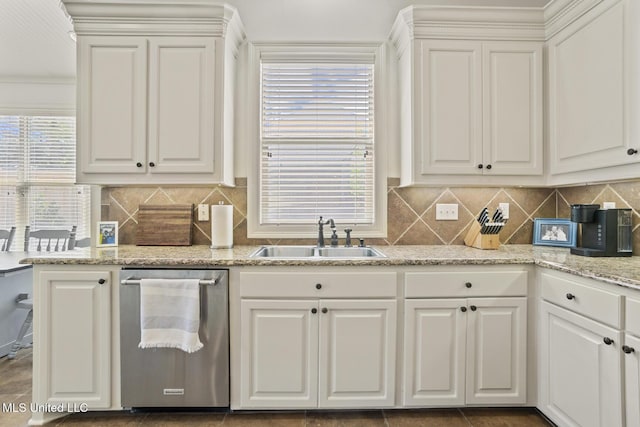 kitchen featuring a sink, stainless steel dishwasher, white cabinetry, and backsplash