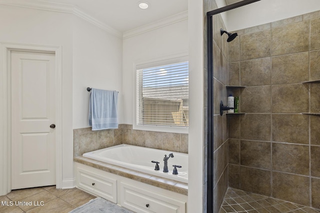 full bath with a shower stall, a bath, ornamental molding, and tile patterned floors
