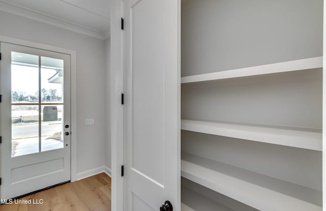 interior space with crown molding and light hardwood / wood-style floors