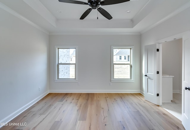 unfurnished room with light hardwood / wood-style floors, plenty of natural light, and a tray ceiling