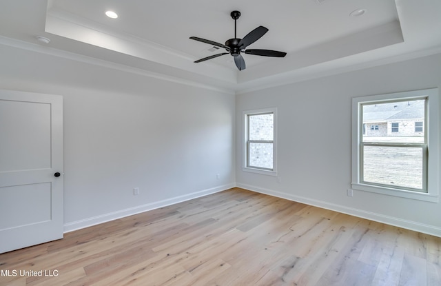 empty room with light hardwood / wood-style floors, a tray ceiling, and plenty of natural light