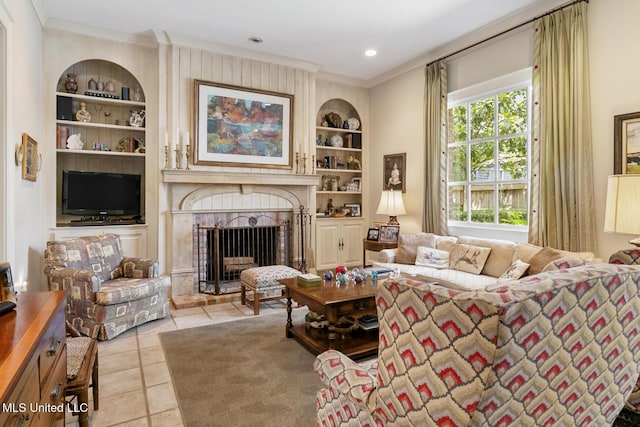 tiled living room with crown molding and built in shelves