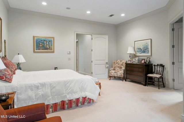 bedroom with light colored carpet and ornamental molding