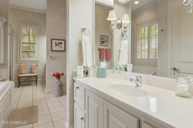 bathroom with a relaxing tiled tub, vanity, ornamental molding, and tile patterned flooring