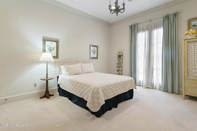 carpeted bedroom featuring a notable chandelier and crown molding