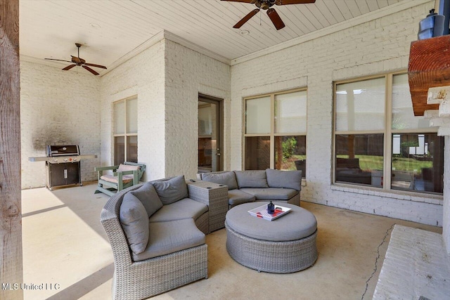 view of patio / terrace with a ceiling fan, an outdoor hangout area, and a grill