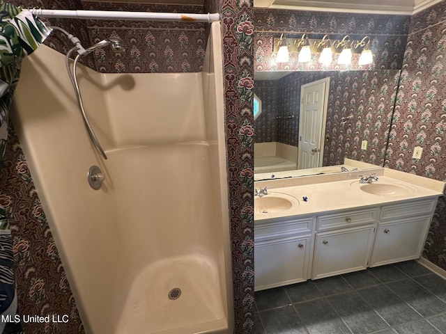 813 Eagles Nest Dr, Byram, MS 39272 - bathroom with wallpapered walls, a stall shower, tile patterned floors, double vanity, and a bathtub