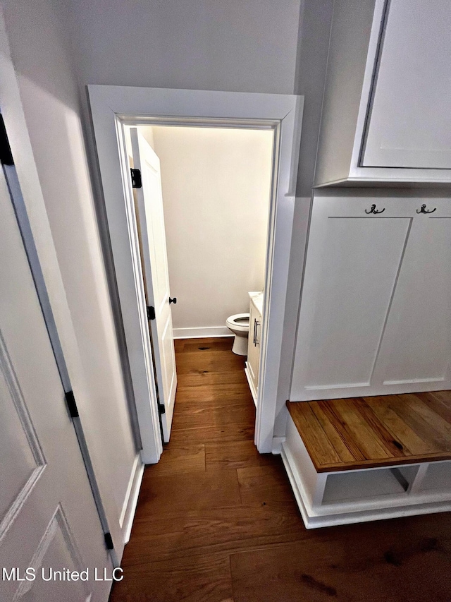 bathroom featuring hardwood / wood-style flooring, vanity, and toilet