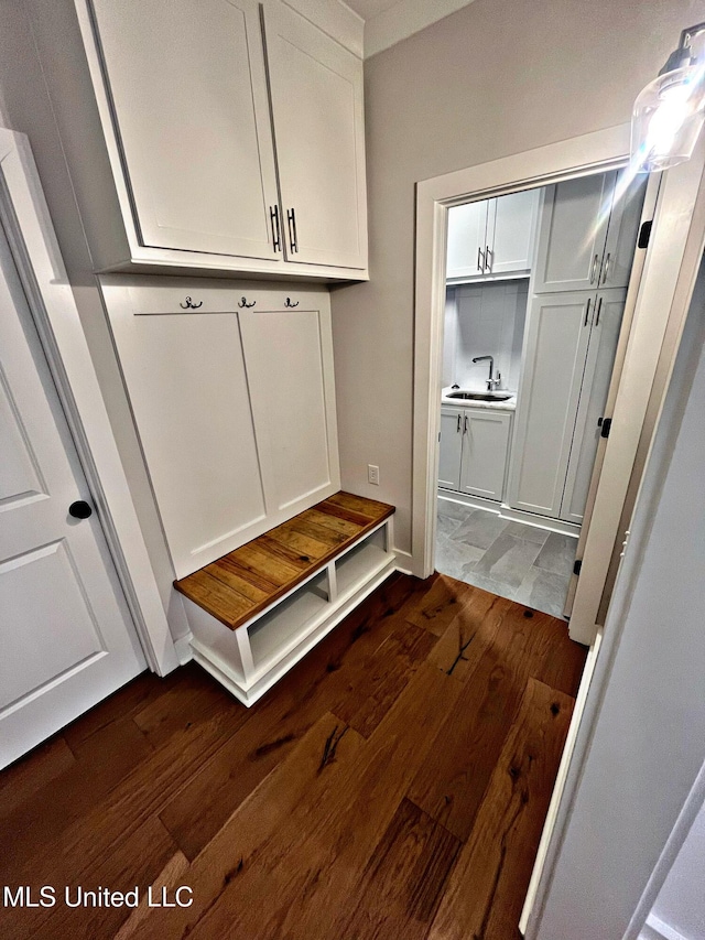 mudroom with dark hardwood / wood-style flooring and sink