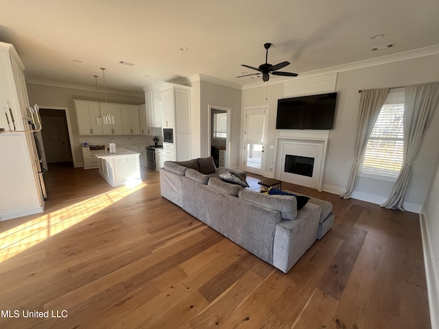 living room featuring ceiling fan, crown molding, and hardwood / wood-style flooring