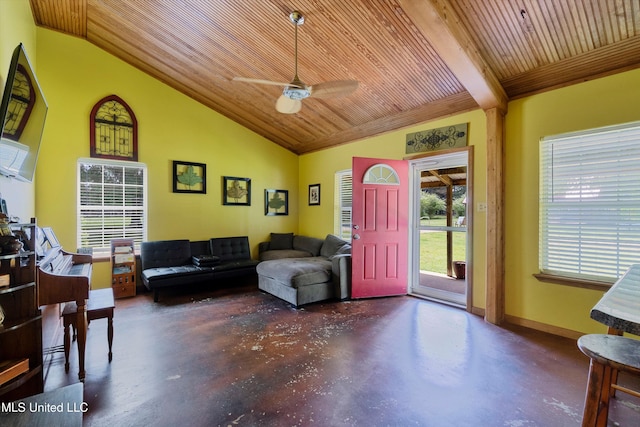 living area with concrete flooring, ceiling fan, baseboards, lofted ceiling, and wood ceiling