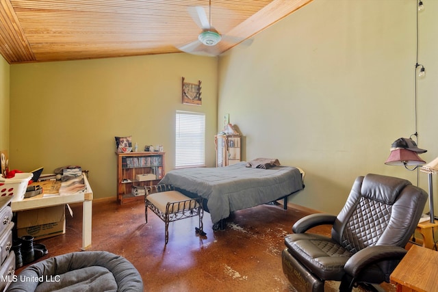 bedroom featuring wooden ceiling, baseboards, and vaulted ceiling