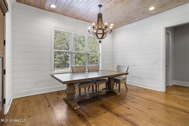 123 Klaas Blvd, Madison, MS 39110 - dining area with a chandelier, wood ceiling, recessed lighting, wood-type flooring, and wood walls