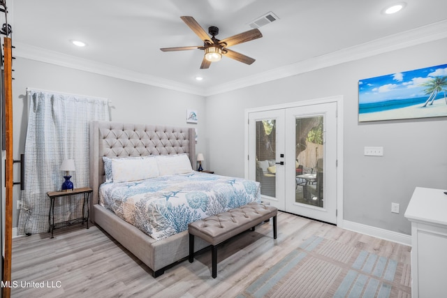 bedroom with crown molding, ceiling fan, access to exterior, and light hardwood / wood-style flooring