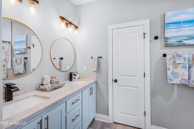 bathroom with vanity and wood-type flooring