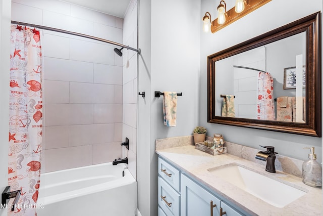 bathroom with shower / bath combination with curtain and vanity