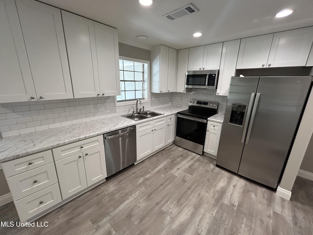 215 Quail Trl, Greenwood, MS 38930 - kitchen with appliances with stainless steel finishes, a sink, white cabinets, decorative backsplash, and light wood-style floors