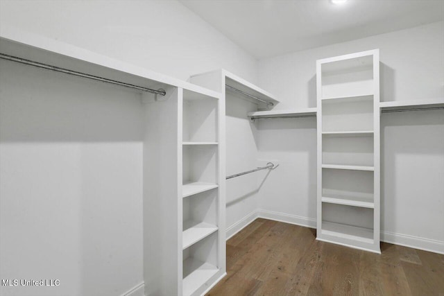 walk in closet with dark hardwood / wood-style flooring