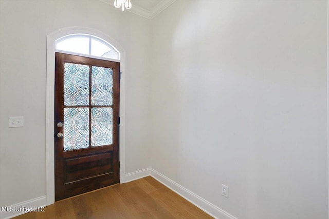 entryway featuring ornamental molding and wood-type flooring