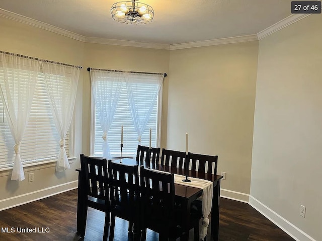 dining room featuring a wealth of natural light, dark hardwood / wood-style floors, and crown molding