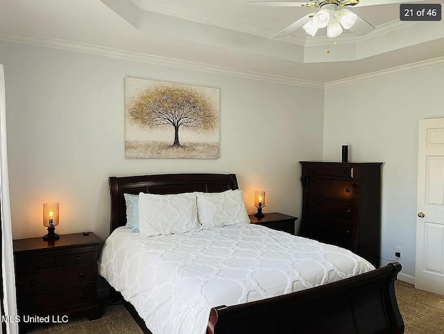 bedroom with carpet flooring, ceiling fan, crown molding, and a tray ceiling