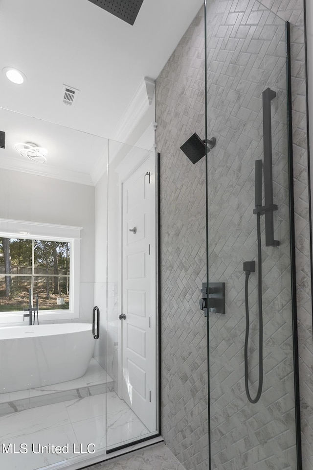 111 Grand Oak Blvd, Clinton, MS 39056 - bathroom featuring crown molding, a stall shower, marble finish flooring, a soaking tub, and recessed lighting