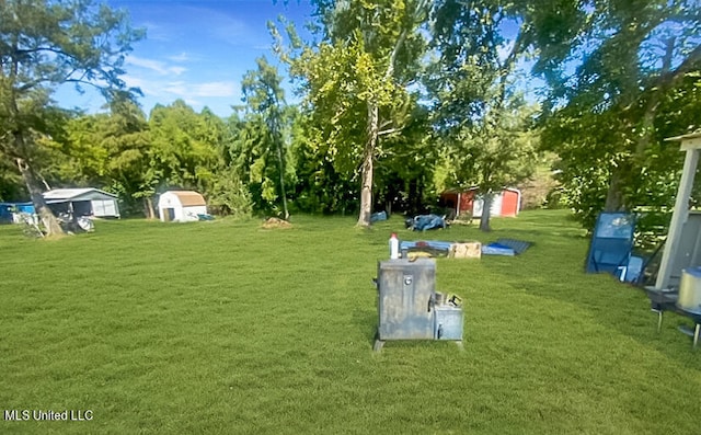 exterior space with a yard and a storage unit