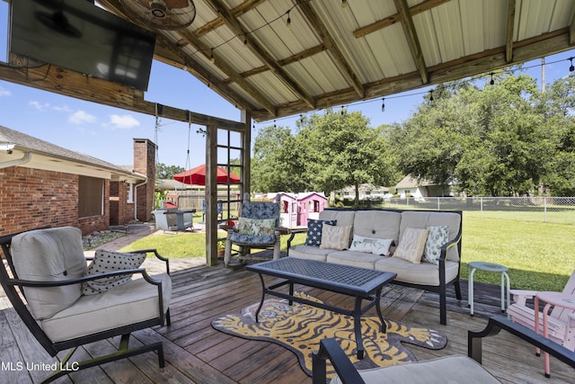 56 53rd St, Gulfport, MS 39507 - wooden deck with an outdoor living space, a fenced backyard, and a hot tub