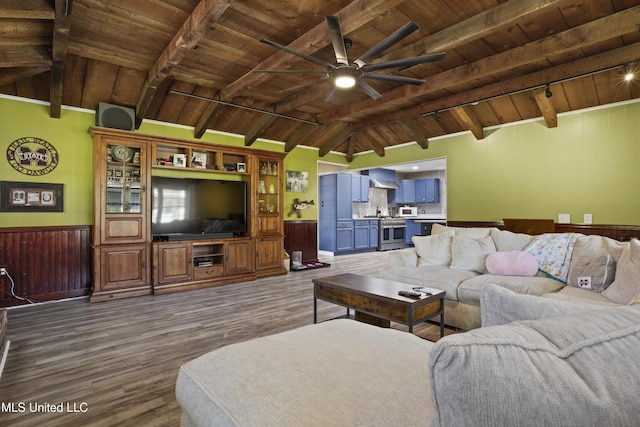 56 53rd St, Gulfport, MS 39507 - living room with wood ceiling, a ceiling fan, and dark wood-type flooring