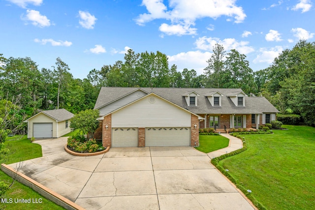 view of front facade featuring driveway, a front lawn, roof with shingles, an attached garage, and brick siding