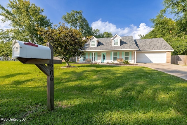 cape cod home featuring covered porch, driveway, a front yard, fence, and an attached garage