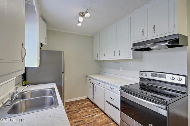 kitchen with under cabinet range hood, appliances with stainless steel finishes, light countertops, and a sink