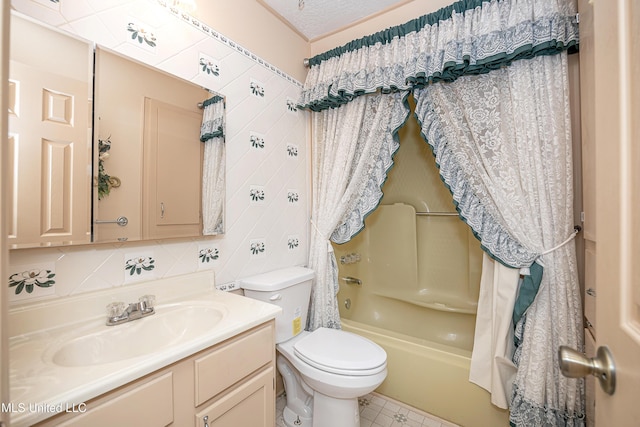 full bathroom with tasteful backsplash, vanity, shower / bath combination with curtain, and toilet