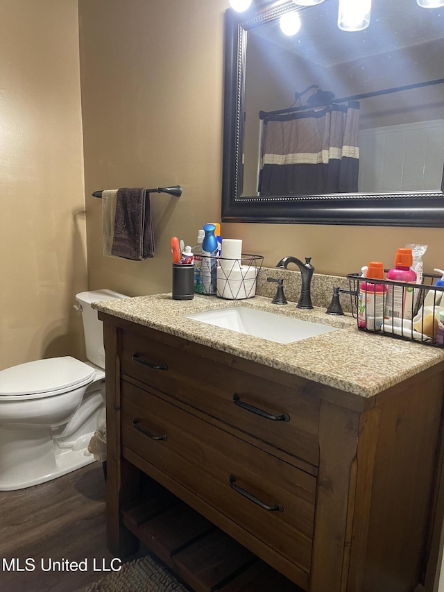 full bathroom featuring toilet, vanity, wood finished floors, and a shower with shower curtain