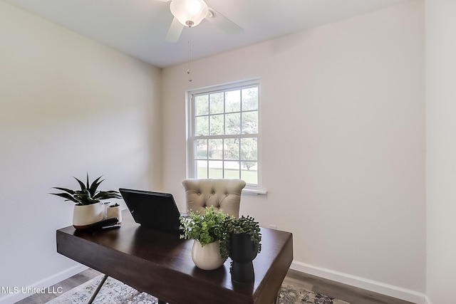 office with wood finished floors, baseboards, and ceiling fan