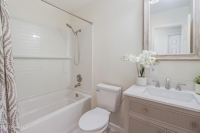 bathroom featuring toilet, vanity, and shower / tub combo with curtain