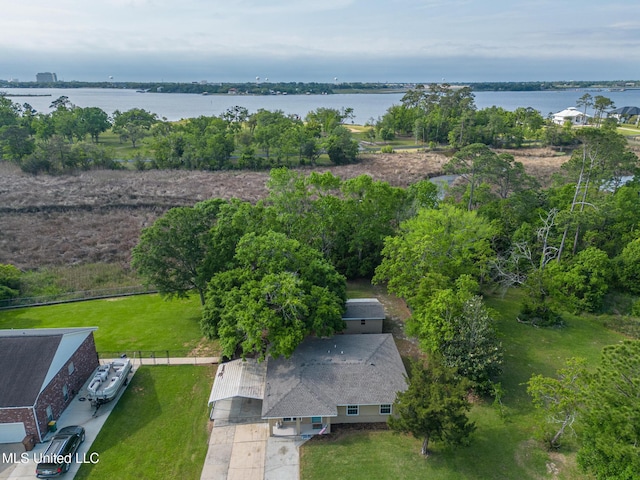 drone / aerial view featuring a water view