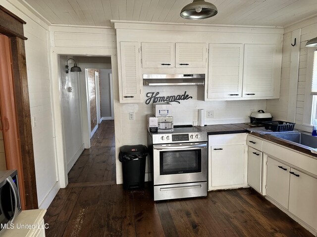 kitchen featuring decorative backsplash, dark wood finished floors, electric stove, wooden ceiling, and under cabinet range hood