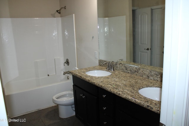 full bathroom featuring shower / washtub combination, vanity, tile patterned floors, and toilet