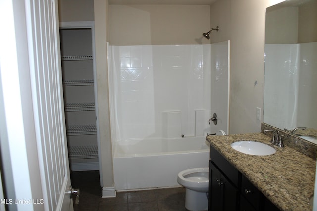 full bathroom with vanity,  shower combination, tile patterned floors, and toilet