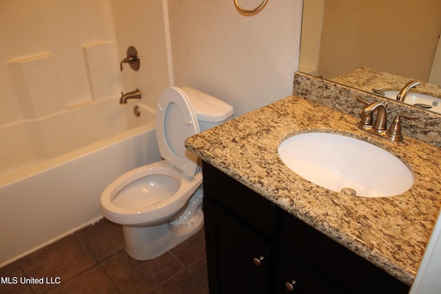 full bathroom with shower / tub combination, vanity, tile patterned floors, and toilet