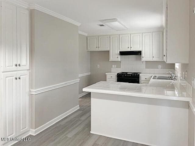 594 Acorn Ln, Brandon, MS 39047 - kitchen with under cabinet range hood, stove, light wood-style floors, ornamental molding, and white cabinets