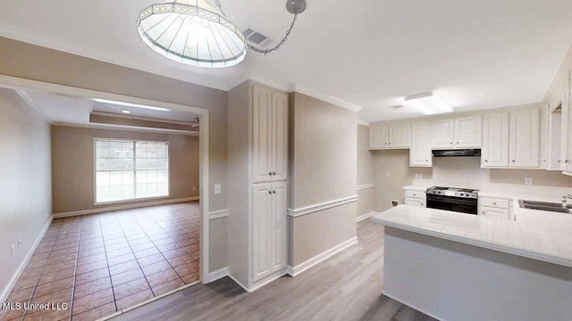 594 Acorn Ln, Brandon, MS 39047 - kitchen featuring stainless steel stove, crown molding, under cabinet range hood, light countertops, and a peninsula