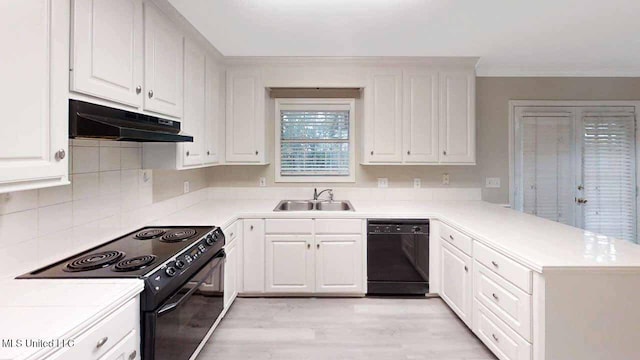 594 Acorn Ln, Brandon, MS 39047 - kitchen with black appliances, under cabinet range hood, a peninsula, white cabinets, and light wood-style floors