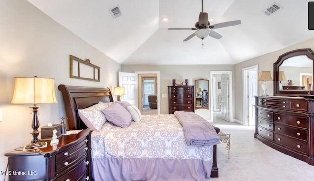 bedroom with lofted ceiling, ceiling fan, visible vents, and light colored carpet